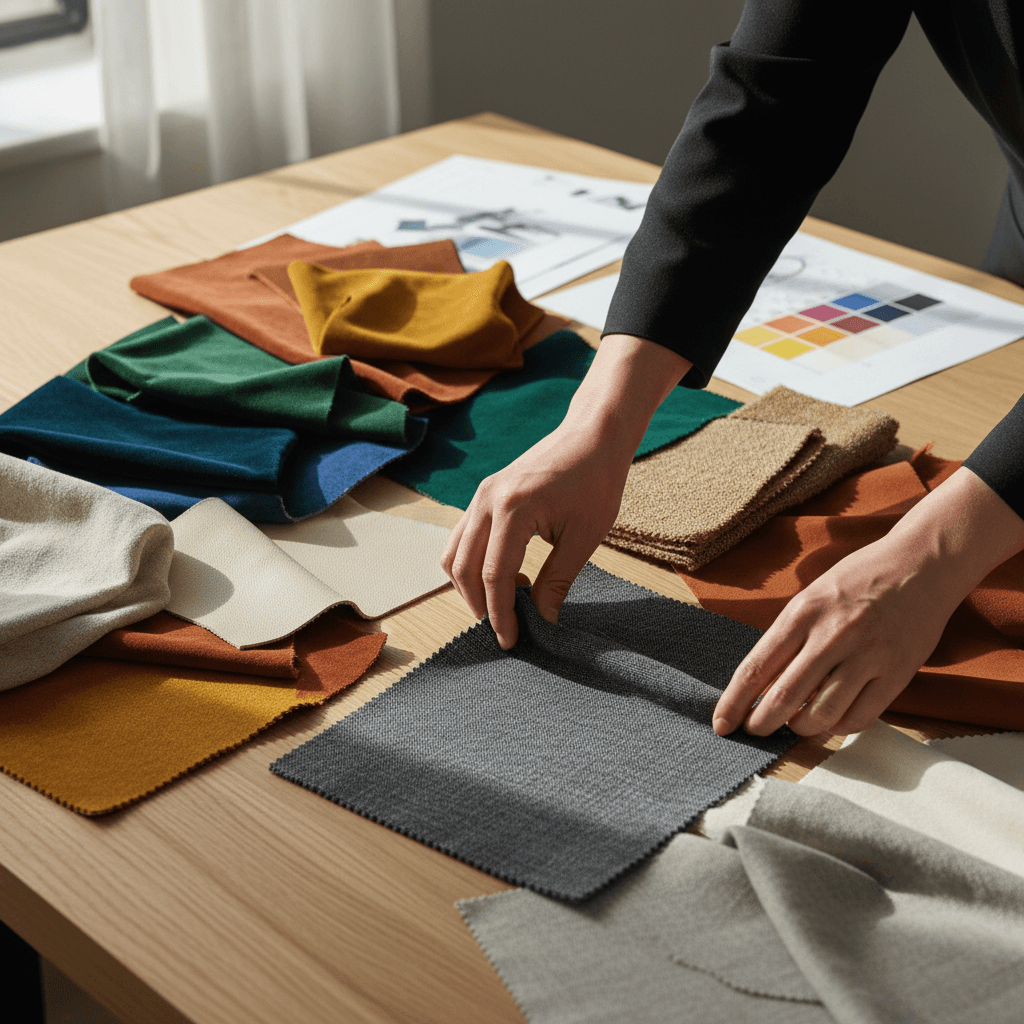 Interior designer reviewing material samples in a refined studio