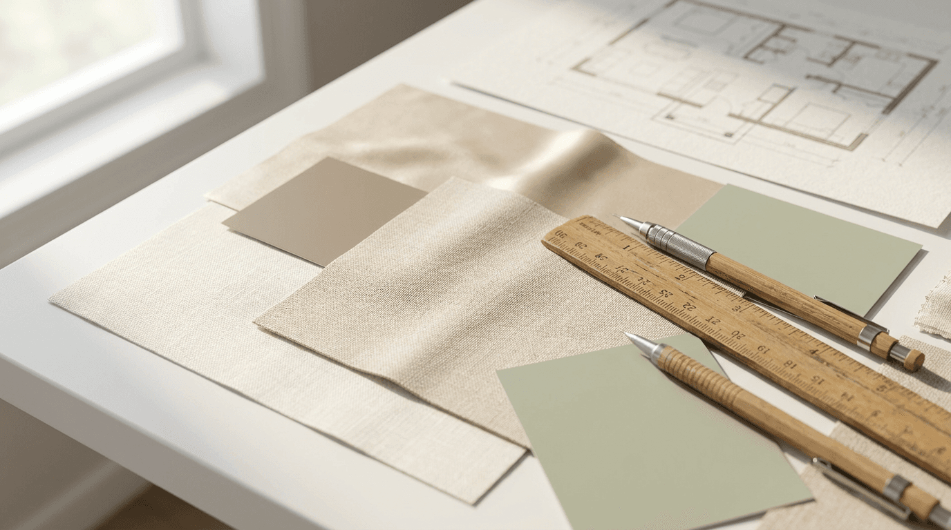 Elegant interior design materials and architectural sketches arranged on a table