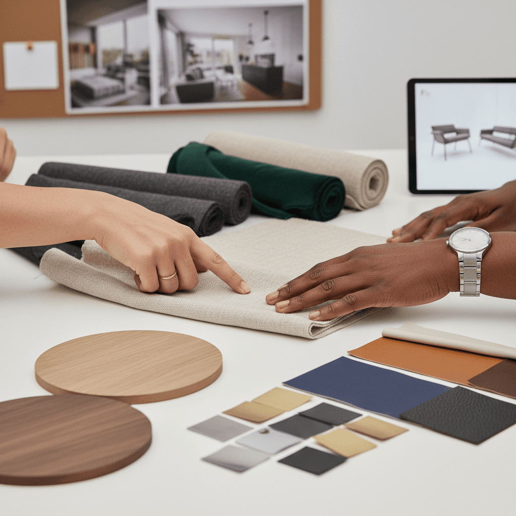 Interior design consultation with material samples and fabric swatches on a table