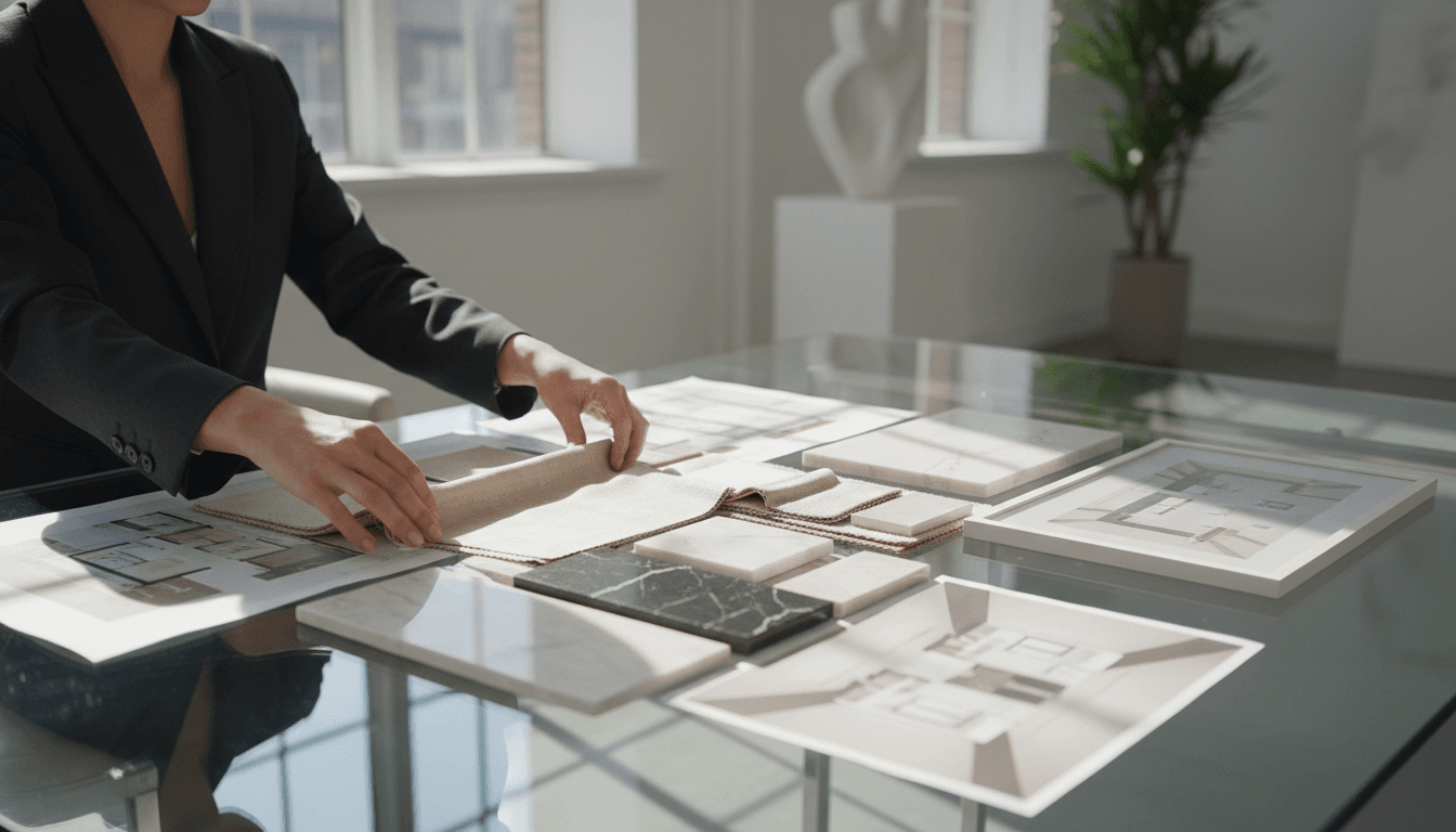 Interior design consultation with material samples and plans on a desk