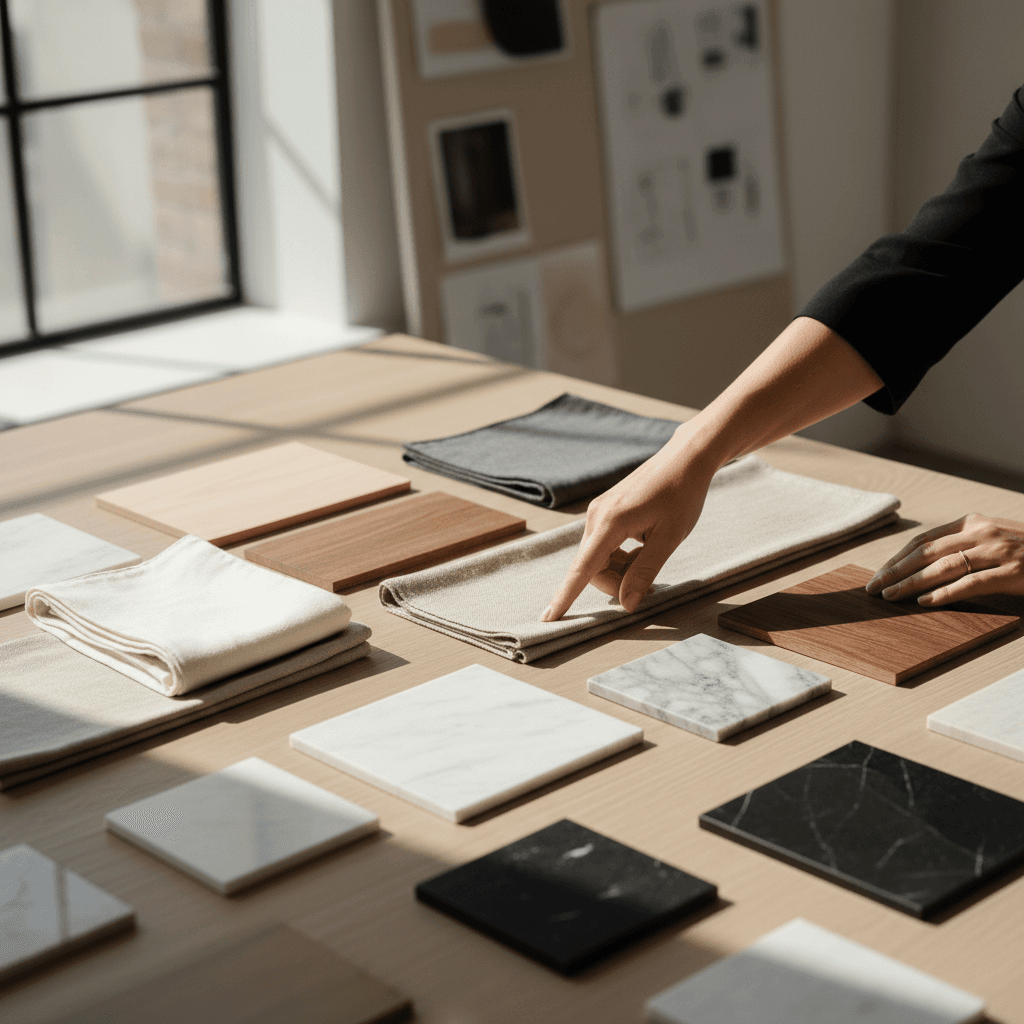 Interior design consultation with material samples at a refined studio table in Karachi