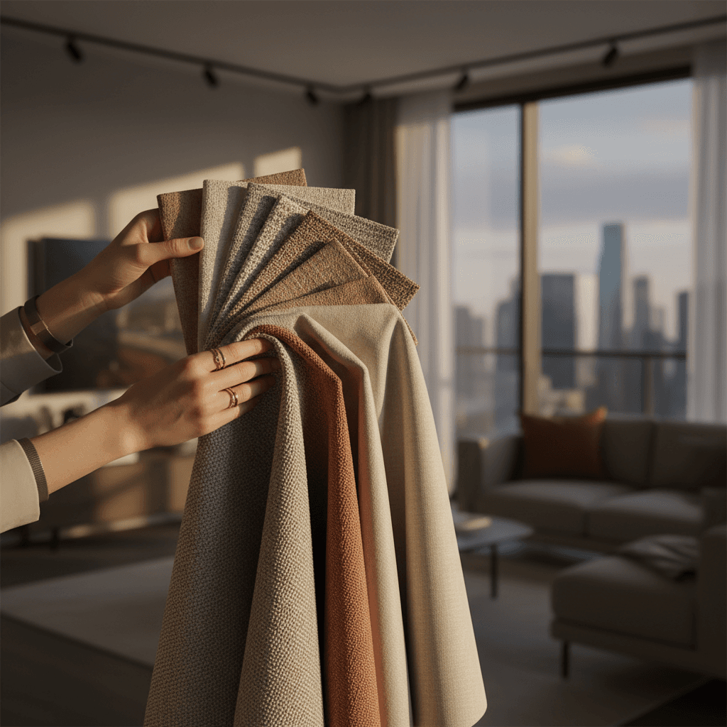 Interior designer reviewing material samples in a refined studio space